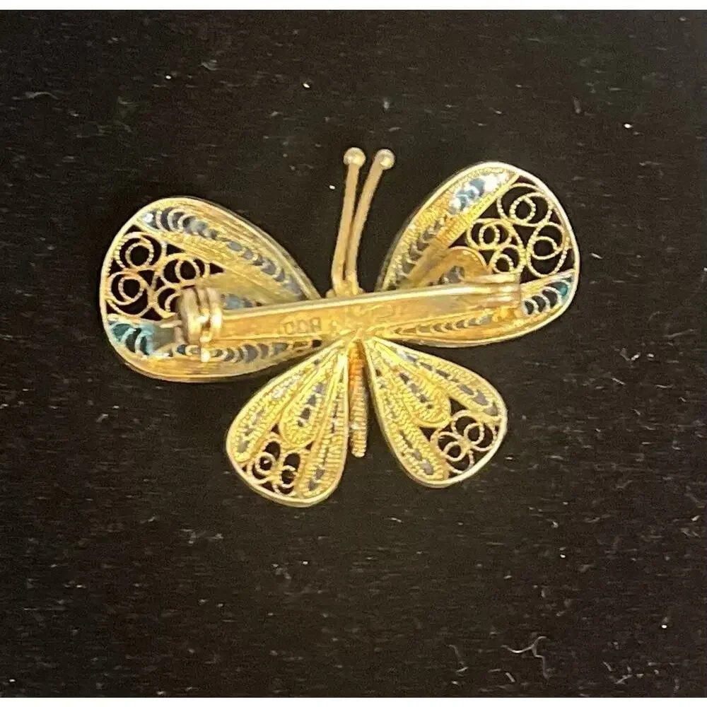 Vintage 800 Silver Filigree Enamel Butterfly Brooch Pin Blue Purple Gold Tone